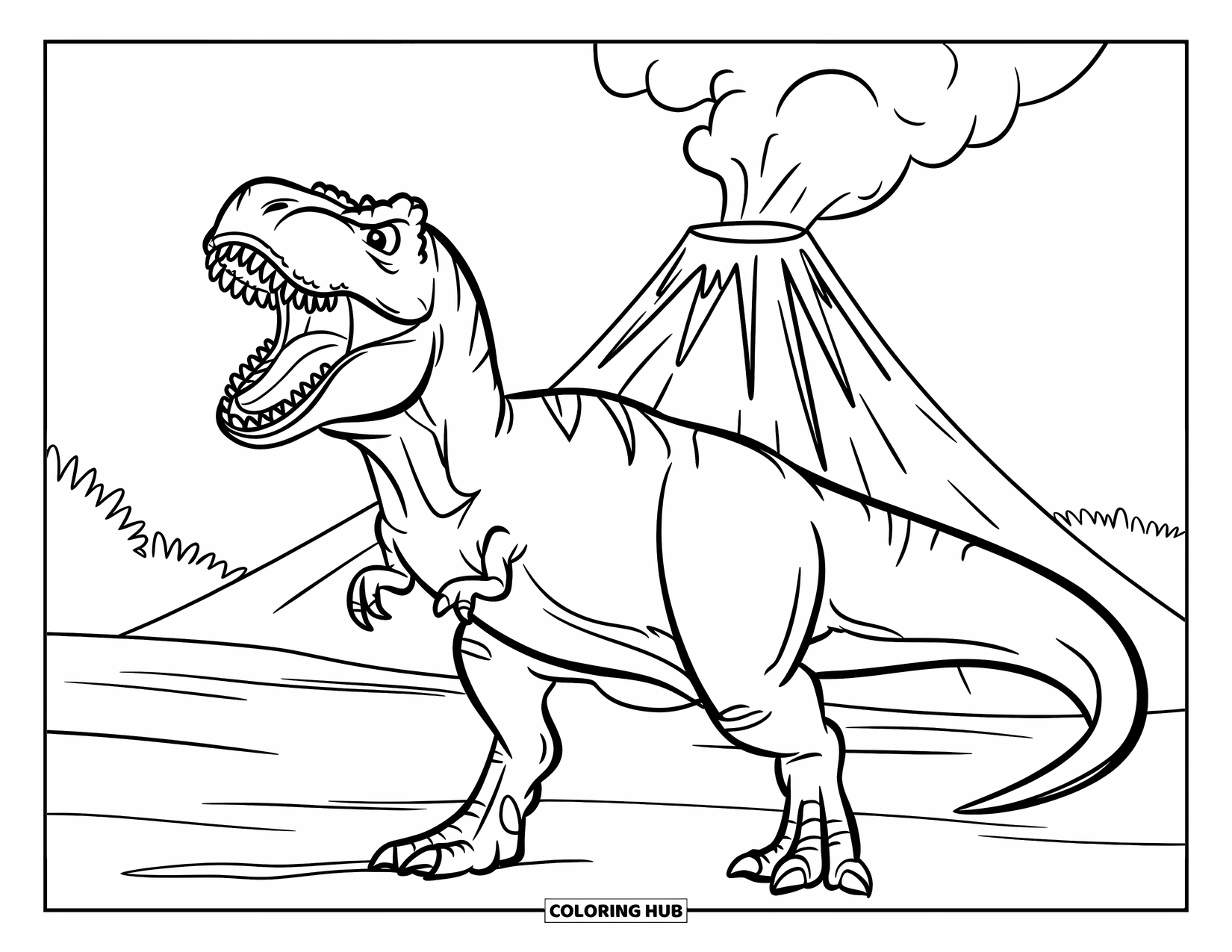 T-Rex Coloring Page for Kids: T-Rex roars beside a smoking volcano with greenery all around