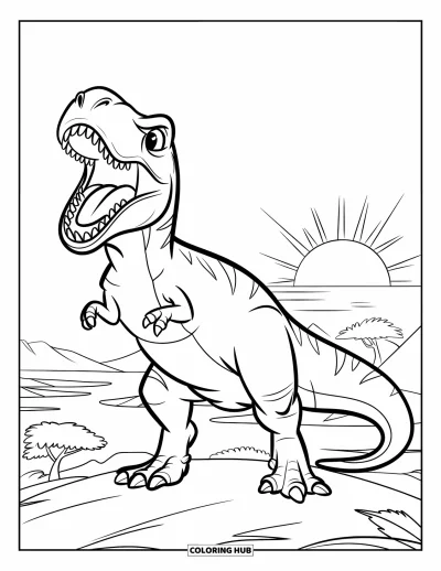 Coloriage de T-Rex pour enfants : Un T-Rex rugit au sommet d'une colline tandis que le soleil illumine le ciel