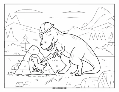 Coloriage de T-Rex pour enfants : Un T-Rex sculpte une statue dans un paysage paisible avec des outils éparpillés autour de lui