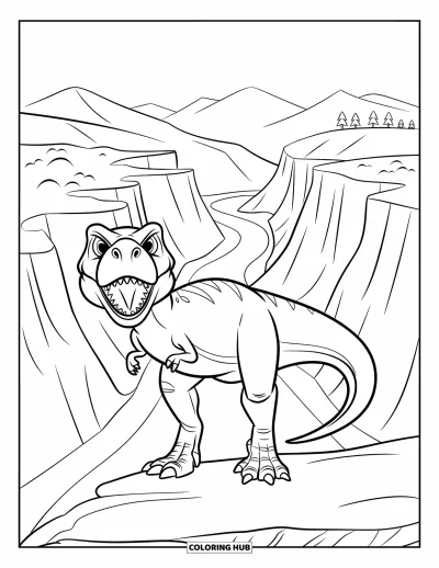 Coloriage de T-Rex pour enfants : Un T-Rex montre ses dents acérées debout près des parois escarpées d'un canyon