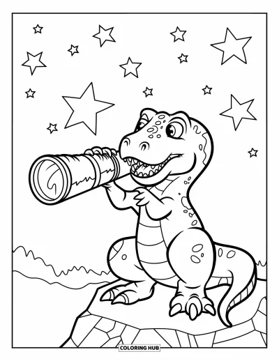 Coloriage de T-Rex pour enfants : Un T-Rex assis sur un rocher sourit en observant les étoiles à travers un télescope