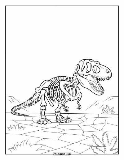 Coloriage de T-Rex pour enfants : Un squelette de T-Rex est assis dans le désert avec quelques plantes et des collines au loin