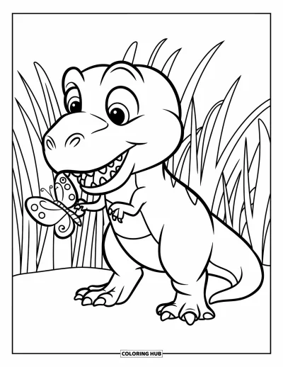Coloriage de T-Rex pour enfants : Un T-Rex sourit en jouant avec un papillon dans un champ herbeux