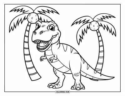 Coloriage de T-Rex pour enfants : Un T-Rex arbore un grand sourire entre deux palmiers sur un sol sableux
