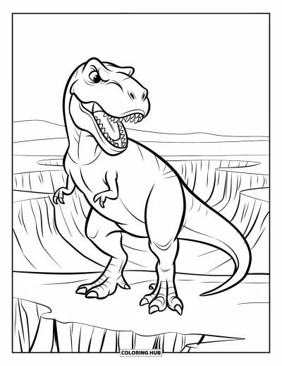 Coloriage de T-Rex pour enfants : Un T-Rex se tient en alerte au bord du canyon, la gueule grande ouverte