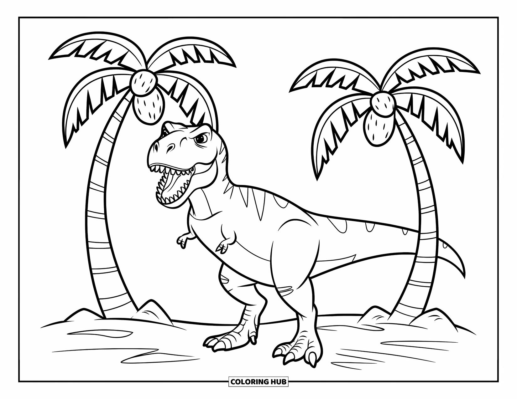 T-Rex Coloring Page for Kids: T-Rex stands between two palm trees on rocky ground