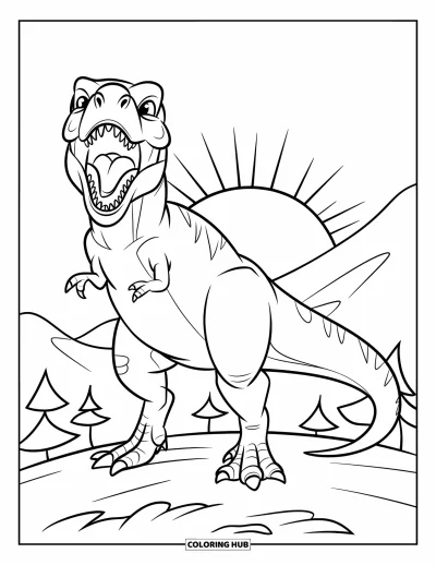 Coloriage de T-Rex pour enfants : Un T-Rex se dresse au sommet d'une colline avec le soleil levant derrière lui