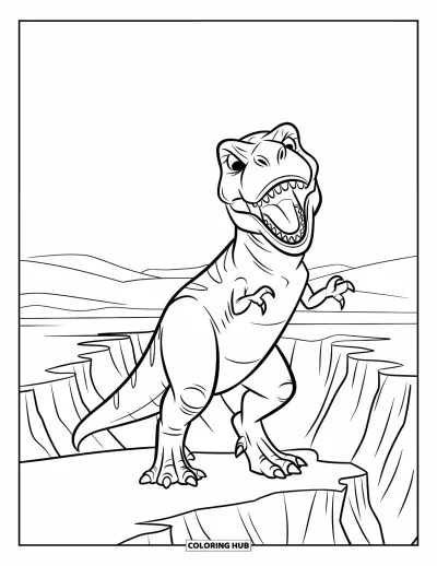 Coloriage de T-Rex pour enfants : Un T-Rex se dresse au bord d'un canyon, les bras écartés avec le ciel en arrière-plan