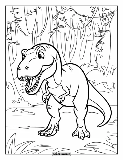 Coloriage de T-Rex pour enfants : Un T-Rex se promène dans une jungle dense remplie de lianes suspendues