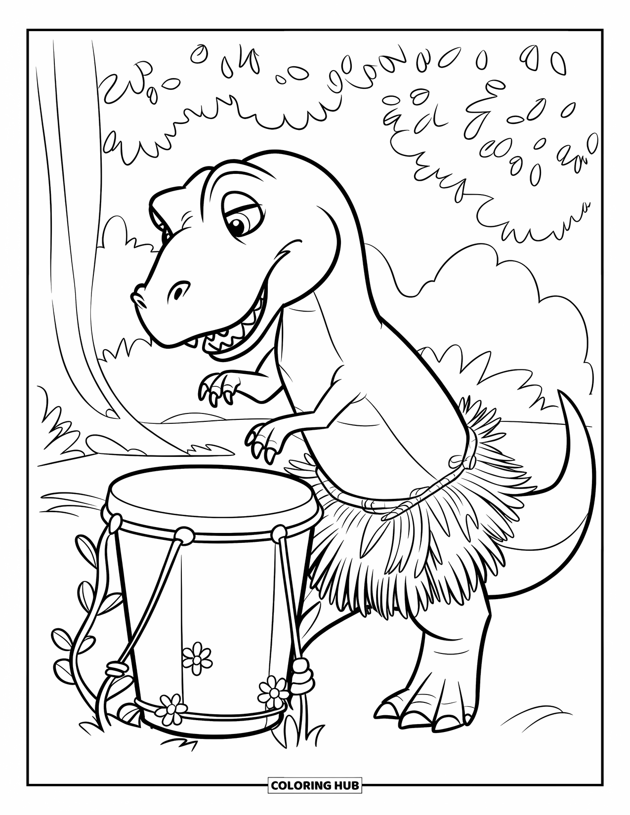 T-Rex Coloring Page for Kids: T-Rex taps a bongo drum while wearing a grass skirt in a jungle