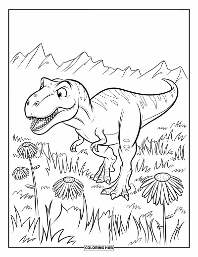 Coloriage de T-Rex pour enfants : Un T-Rex avance sur la pointe des pieds à travers un champ de fleurs et d'herbes anciennes
