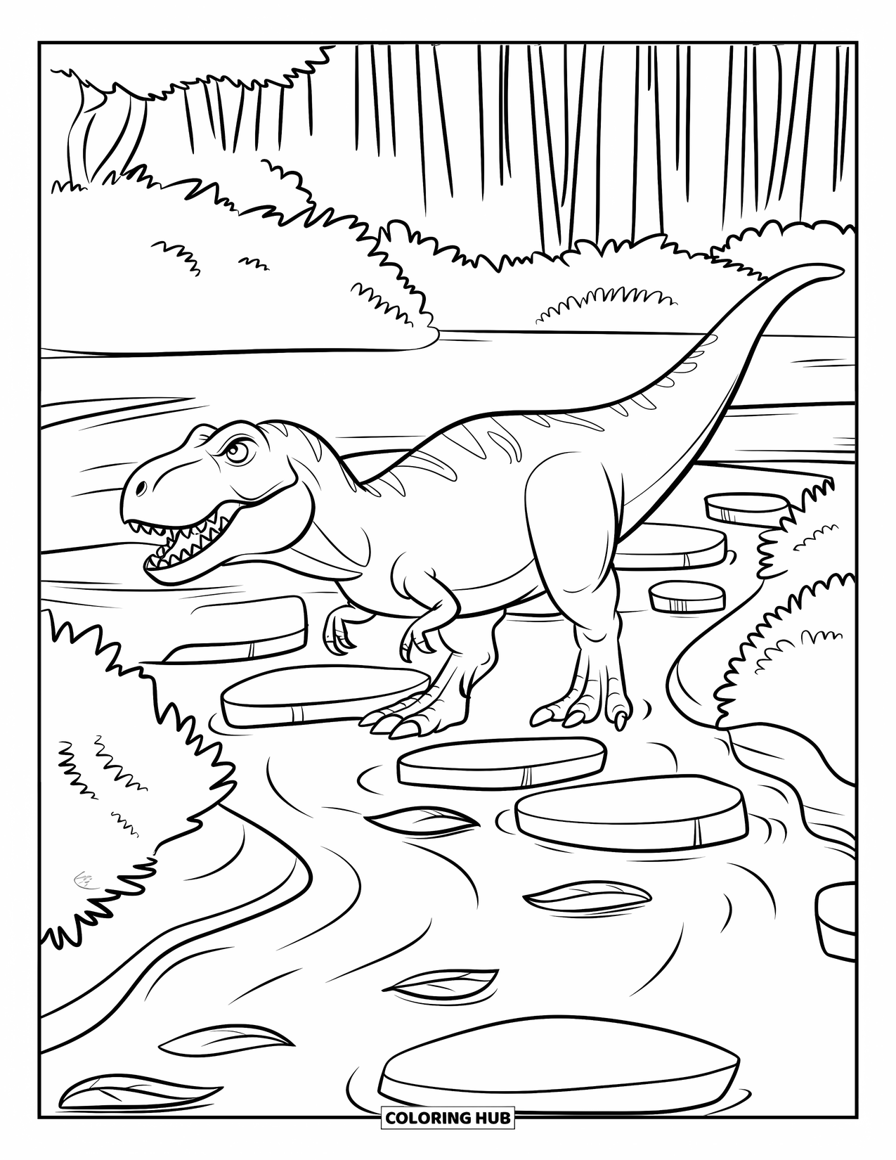 T-Rex Coloring Page for Kids: T-Rex wades through a stream on stones surrounded by trees and tall grass