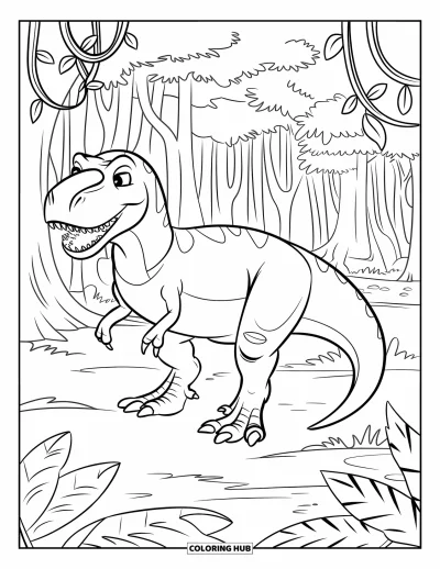 Coloriage de T-Rex pour enfants : Un T-Rex marche tranquillement parmi les lianes de la jungle et les arbres feuillus