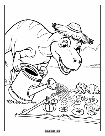Coloriage de T-Rex pour enfants : Un T-Rex arrose des légumes préhistoriques avec un arrosoir en pierre dans un champ herbeux