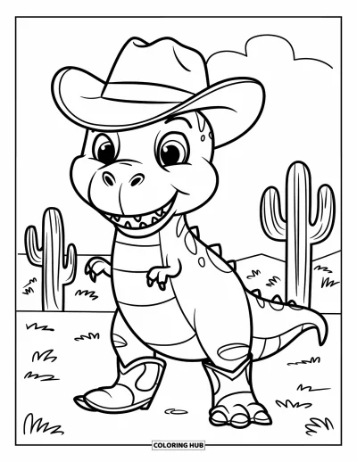 Coloriage de T-Rex pour enfants : Un T-Rex portant un chapeau de cowboy et des bottes sourit dans une prairie parsemée de cactus