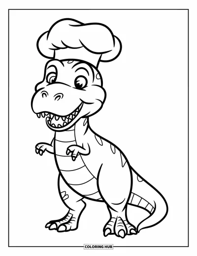Coloriage de T-Rex pour enfants : Un T-Rex coiffé d'une toque de cuisinier affiche un grand sourire, les bras levés sur fond neutre