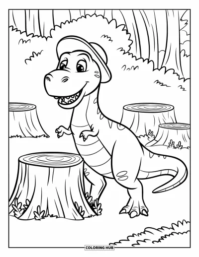 Coloriage de T-Rex pour enfants : Un T-Rex coiffé d'un chapeau sourit à côté d'une souche d'arbre dans une forêt