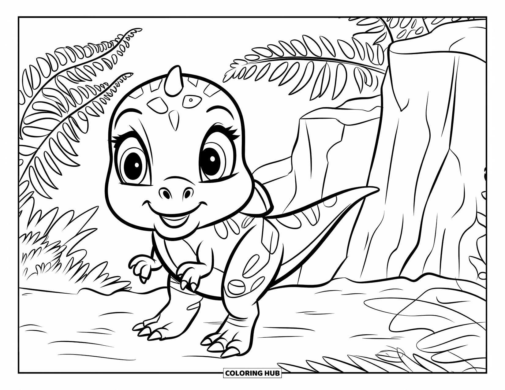 T-Rex Coloring Page for Kids: Tiny T-Rex with a backpack explores cliffs and leafy ferns