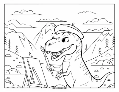 Coloriage de T-Rex pour enfants : Coiffé d'un béret, le T-Rex peint sur une toile dans un paisible décor de montagne