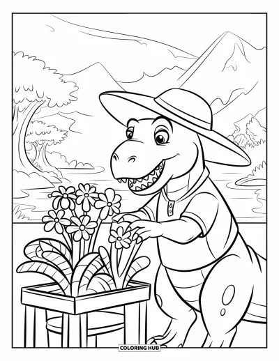 Coloriage de T-Rex pour enfants : Vêtu d'une chemise verte, un T-Rex arrange des fleurs près de l'eau et des arbres