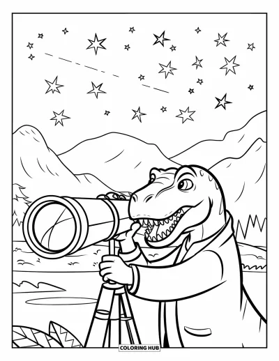 Coloriage de T-Rex pour enfants : Vêtu d'une blouse de laboratoire, le T-Rex observe les étoiles près d'arbres et de l'eau