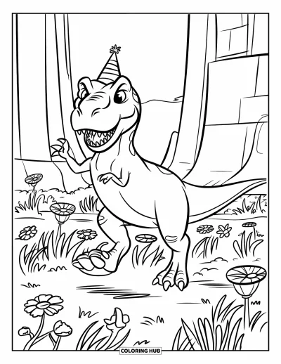 Coloriage de T-Rex pour enfants : Coiffé d'un chapeau de fête, un T-Rex avance sur la pointe des pieds dans un champ fleuri