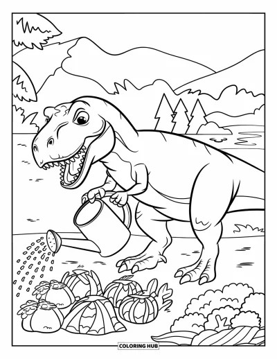 Coloriage de T-Rex pour enfants : Coiffé d'un chapeau de paille, le T-Rex arrose des légumes dans un paysage luxuriant