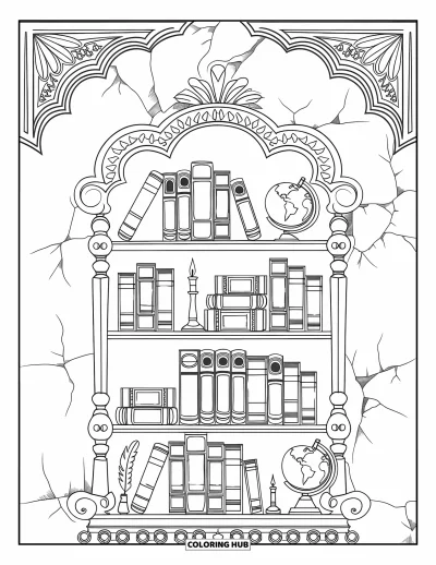 Teacher Coloring Page for Adults: A bookshelf holds labeled books and vintage items like a globe and candle against a decorated wall
