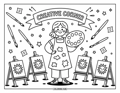 Teacher Coloring Page for Adults: A cheerful art teacher stands with a palette, as easels and sparkles fill the creative space