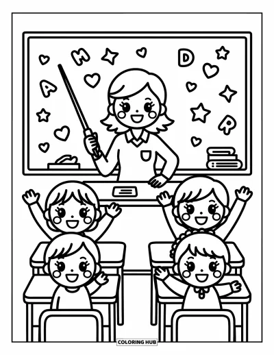 Teacher Coloring Page for Adults: A cheerful classroom scene shows a teacher and four excited students with hearts and stars around
