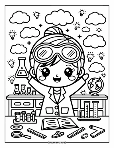 Teacher Coloring Page for Adults: A cheerful science teacher with goggles holds a beaker near shelves of jars and tiny tools
