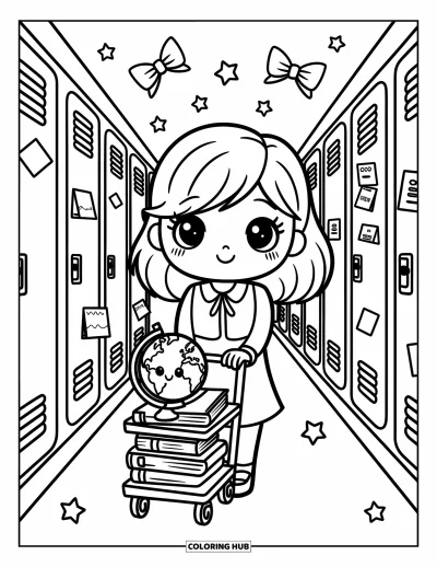 Teacher Coloring Page for Adults: A cheerful teacher pushes a cart of books and a smiling globe past lockers and confetti