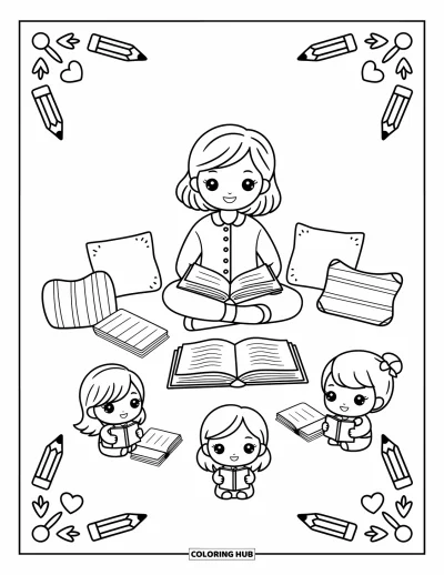 Teacher Coloring Page for Adults: A cheerful teacher reads a story on the floor, surrounded by students, cushions, and notebooks