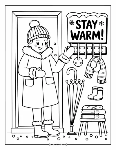 Teacher Coloring Page for Adults: A cheerful teacher stands at the door with mittens and boots nearby under a Stay Warm! sign