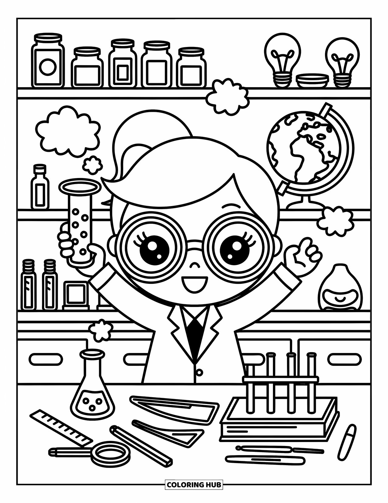 Lehrer Ausmalbild für Erwachsene: Ein Chibi-Naturwissenschaftslehrer hebt ein Becherglas, während Wolken in der Nähe von Gläsern, Werkzeugen und Kritzeleien schweben