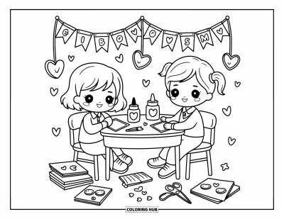 Teacher Coloring Page for Adults: A chibi teacher and student sit crafting at a table with decorations hanging overhead