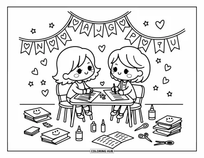 Teacher Coloring Page for Adults: A chibi teacher and student work on crafts at a small table filled with paper and decorations