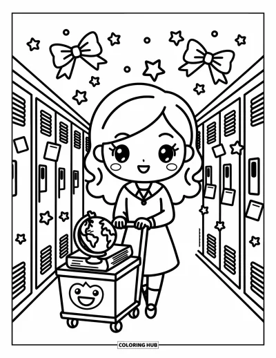 Teacher Coloring Page for Adults: A chibi teacher pushes a book cart down a locker-lined hallway filled with floating stars