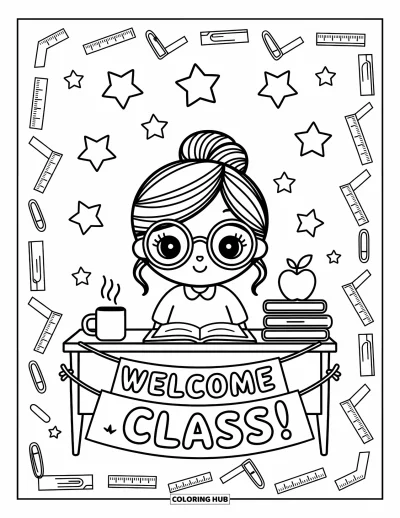 Teacher Coloring Page for Adults: A chibi teacher with glasses and a messy bun sits at her desk surrounded by books and stars