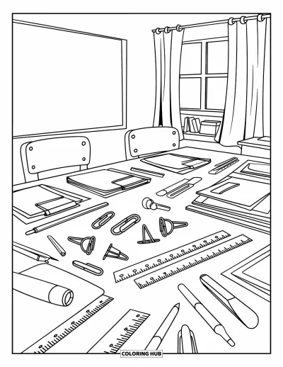 Teacher Coloring Page for Adults: A classroom scene shows a supply-covered table, math chalkboard, window, and a plant nearby