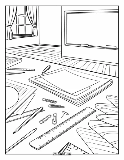 Teacher Coloring Page for Adults: A classroom table holds papers, pens, and tools near a chalkboard and curtained window