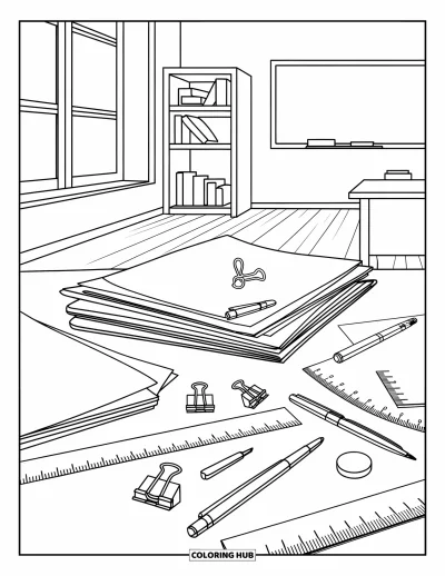 Teacher Coloring Page for Adults: A classroom table is covered with teaching supplies near a window, chalkboard, and bookshelf