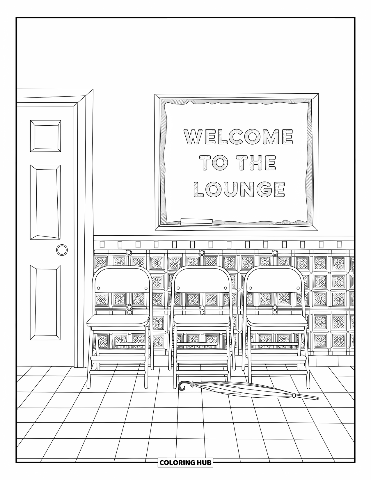 Lehrer Ausmalbild für Erwachsene: Eine gemütliche Lounge mit Holzmöbeln und einem Schild mit der Aufschrift „Willkommen in der Lounge“