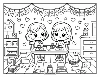 Teacher Coloring Page for Adults: A cozy table is filled with crafts as a teacher and student work beneath playful decorations