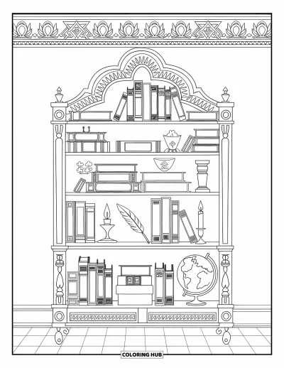 Teacher Coloring Page for Adults: A detailed shelf holds labeled school books and vintage items like a globe, candle, and quill