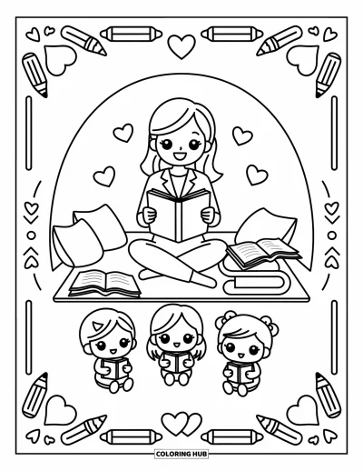 Teacher Coloring Page for Adults: A happy teacher shares a book with students, nestled among cushions and surrounded by hearts