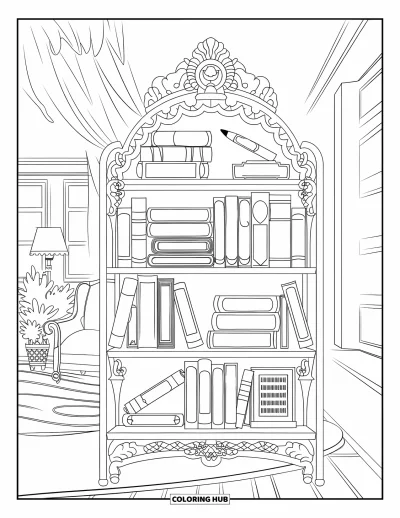 Teacher Coloring Page for Adults: A labeled bookshelf stands by a window and chair, with vintage items and a lampshade nearby