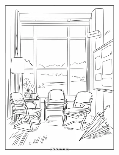 Teacher Coloring Page for Adults: A quiet lounge with cozy chairs, a plant, a small table, and an umbrella in the corner