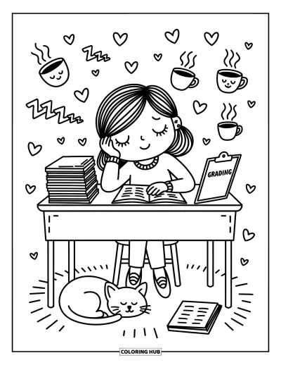 Teacher Coloring Page for Adults: A sleepy teacher sits beside grading papers as tiny mugs and a cozy cat complete the scene