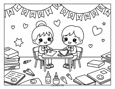 Teacher Coloring Page for Adults: A small table scene shows a chibi teacher and student surrounded by crafts and hanging flags